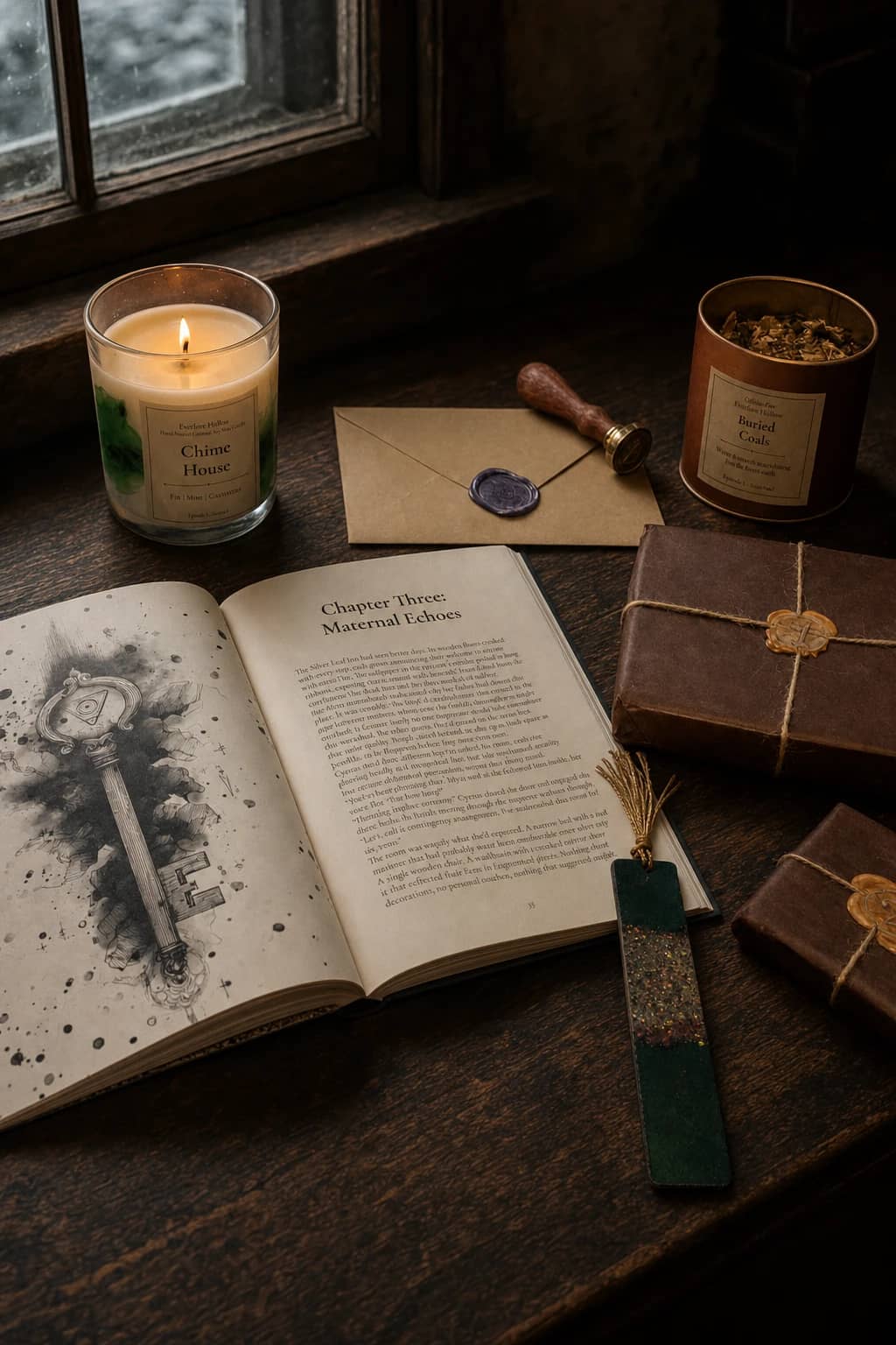 Open printed episode, lit candle, tea cup, tea pouch, wrapped artifacts, sealed envelope, ribbon, and brass bookmark staged on a dark wooden table
