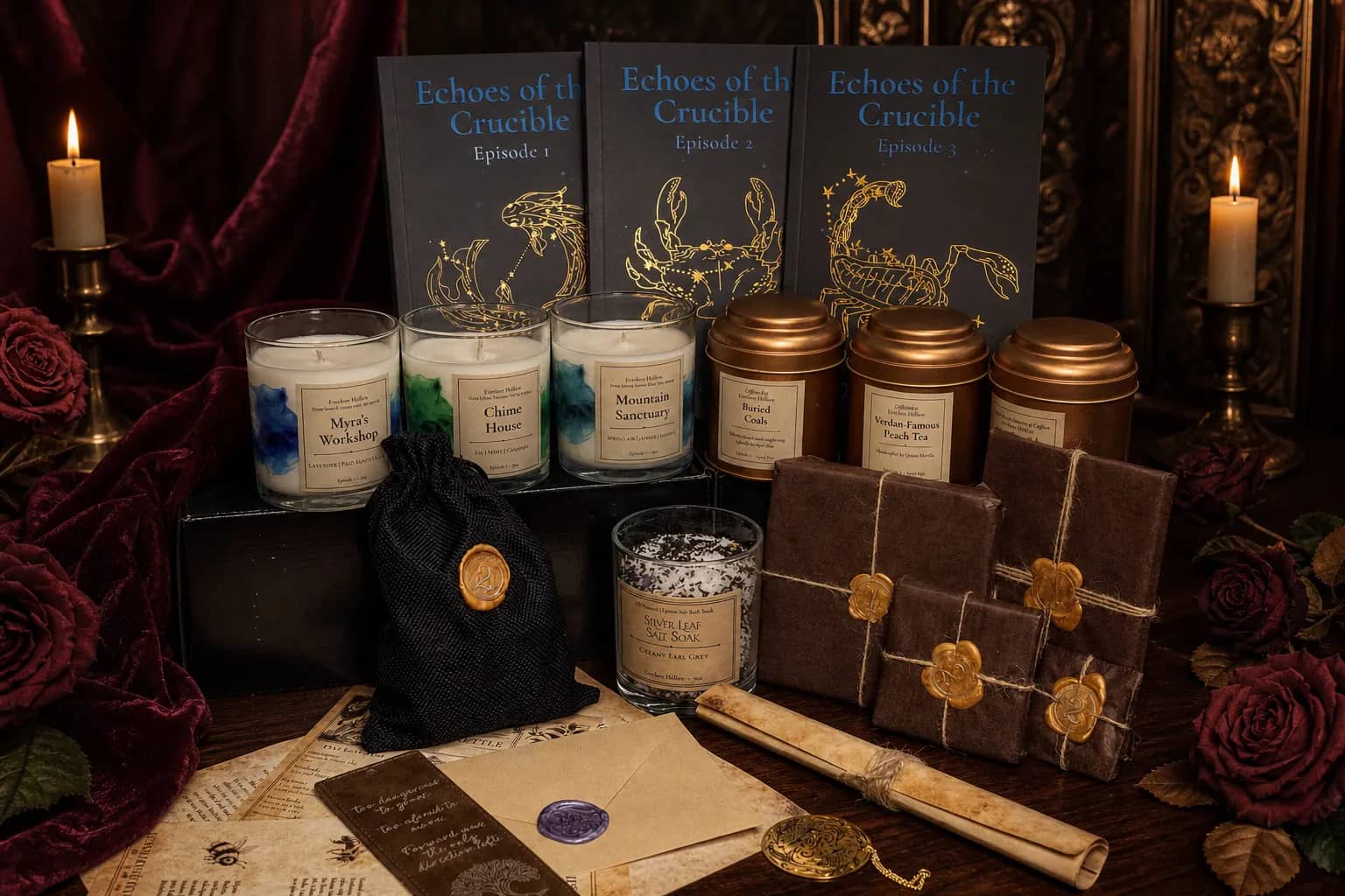 Everlore Hollow collection with printed episodes, candles, teas, and wax-sealed artifacts staged in a candlelit scene
