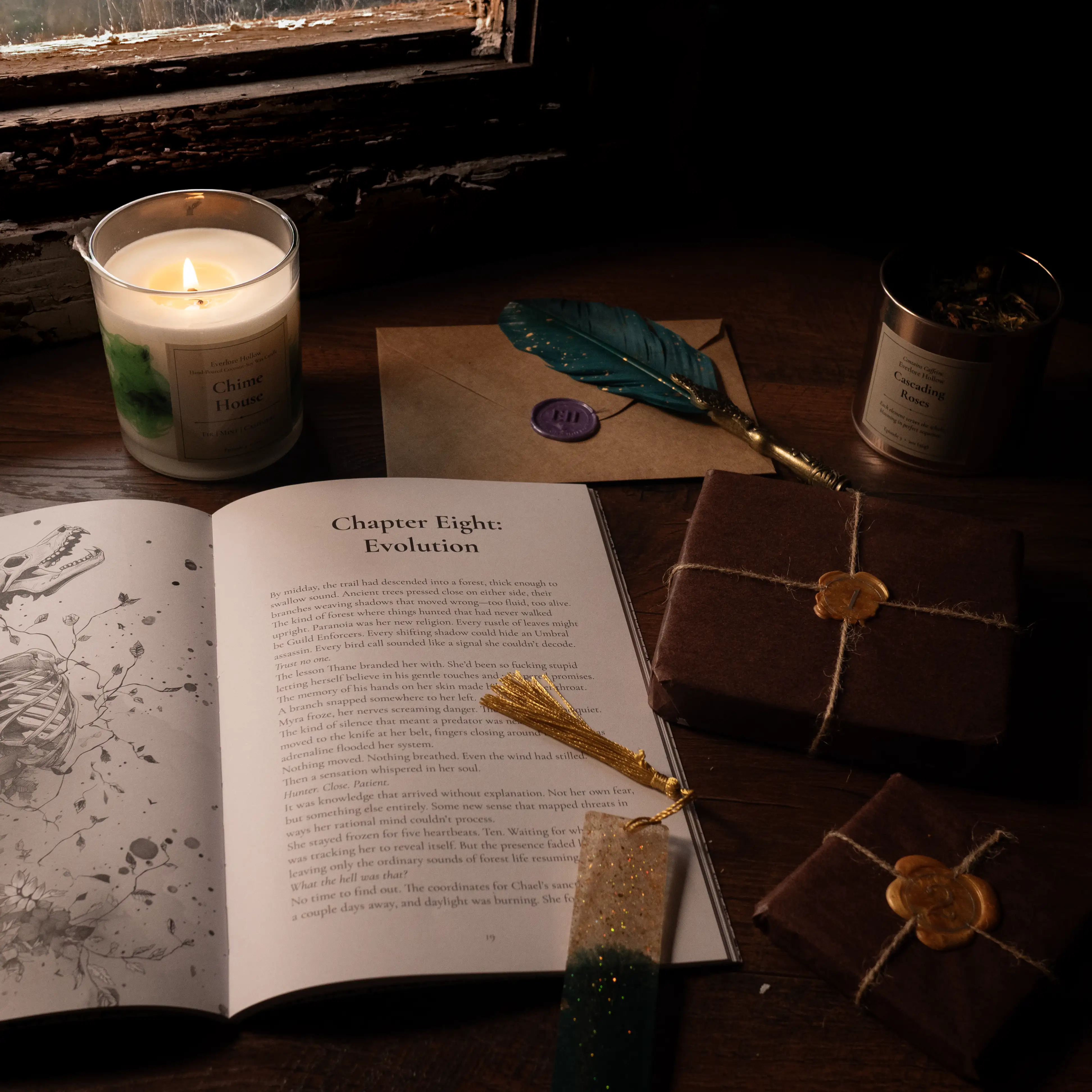 An open Everlore Hollow episode beside a lit candle, tea, a sealed letter, and wrapped artifacts