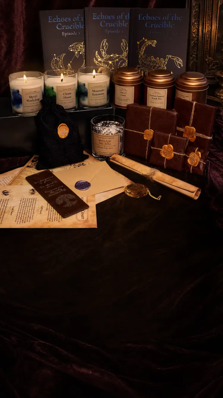 Everlore Hollow Season 1 collection with lit candles, teas, printed episodes, bookmarks, and wax-sealed artifacts
